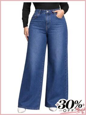 Plus Size Wide Leg High Rise Jeans with Braided Rope Belt Stretch Denim